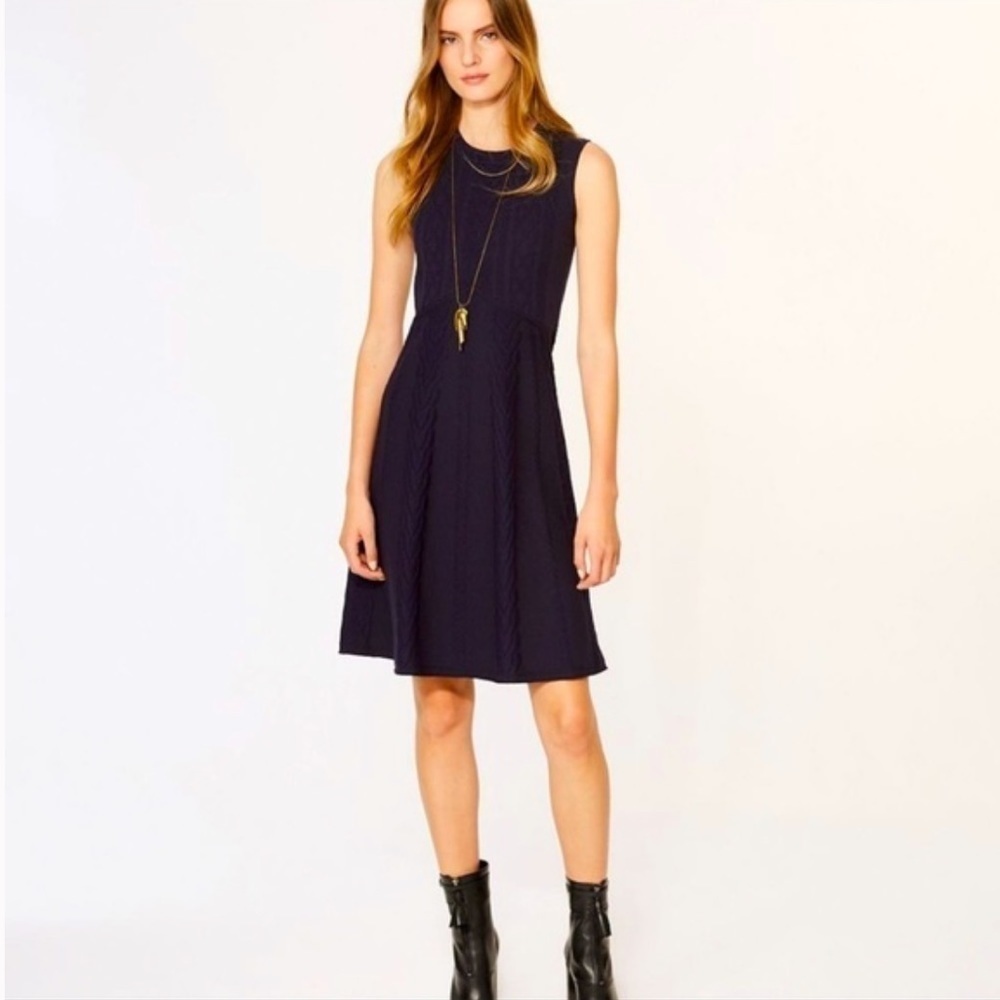 Tory Burch Palais Merino Wool Cable Knit Sweater Dress Navy Size S